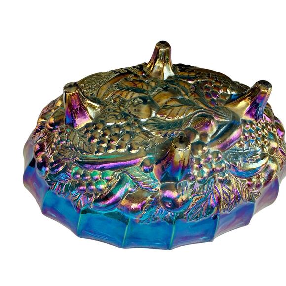 Vintage Indiana Glass “Harvest” Iridescent Blue Footed Bowl – 12x9x4” - Picture 4 of 4